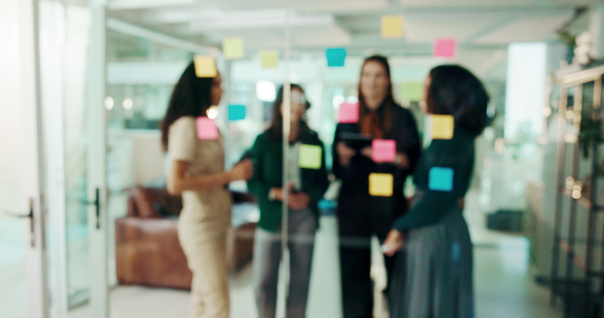 Blur, scrum and project management with business people in office for schedule, teamwork and task progress. Meeting, timeline and workshop with employees for sticky note, training and moodboard